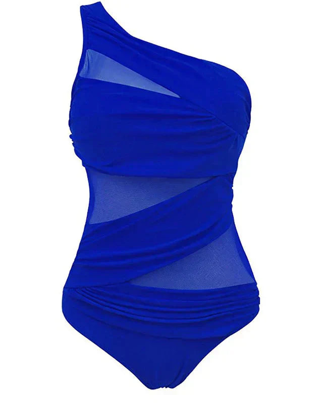 Asymmetrisk mesh badedragt i sort til damer. Elegant shaping og push-up badedragt, perfekt bademode til sommer. Sort kvindebadedragt.