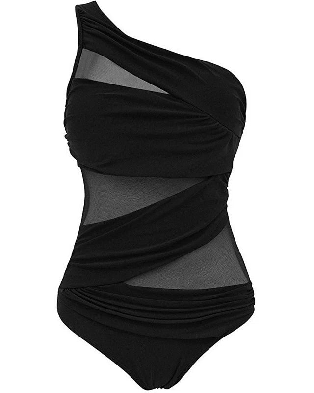 Rød dame badedragt med asymmetrisk mesh og shaping. Flatterende push-up bademode. Stilfuld sommer badedragt til stranden.
