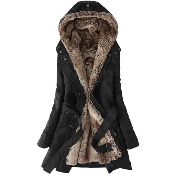 Elegant sort kvinders vinterfrakke. Stilfuld, lang jakke med varm foring, ideel til kolde vinterdage og et moderigtigt look.