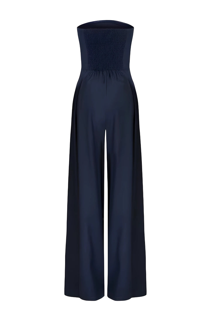 Sort elegant stropløs jumpsuit til damer, perfekt til glamourøse aftenarrangementer.