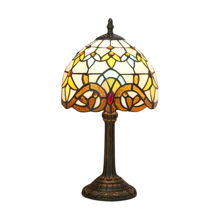 Elegant Tiffany bordlampe med farvet glas, perfekt til hyggelig retro belysning i stue eller soveværelse.