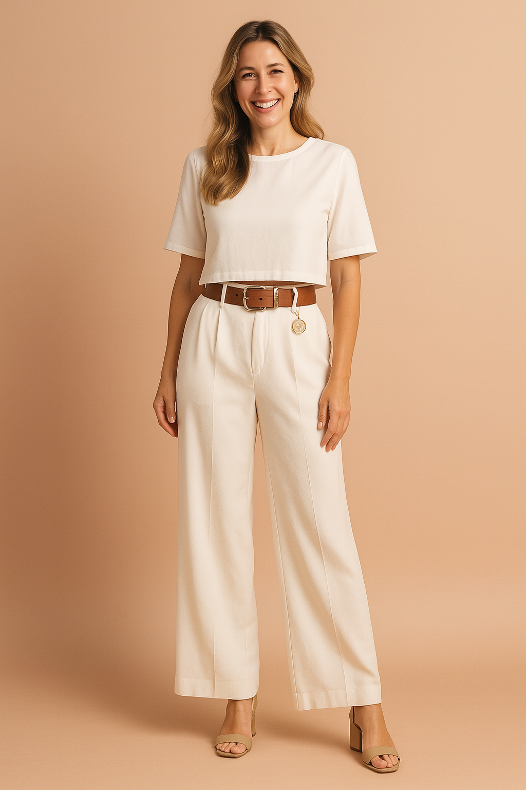 Elegant todelt damesæt: Crop top & vide bukser i moderne design. Perfekt til sommer & fest.