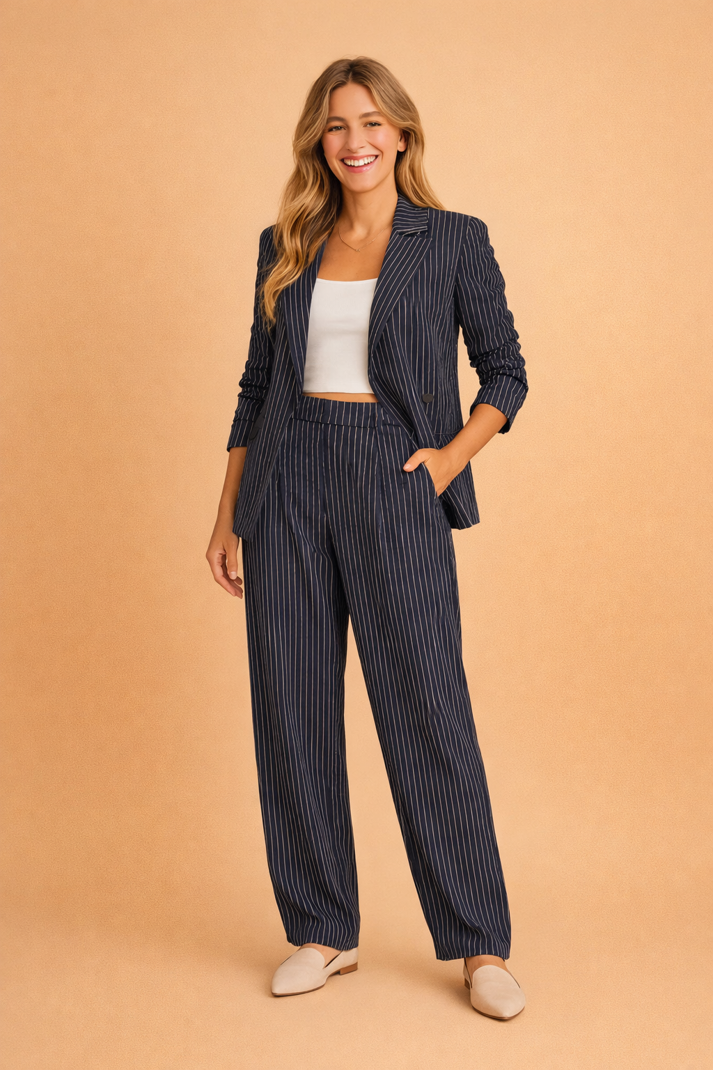 Elegant todelt stribet sæt til kvinder i blå/grå. Komfortabel jakke og bukser for et moderne hverdagslook.