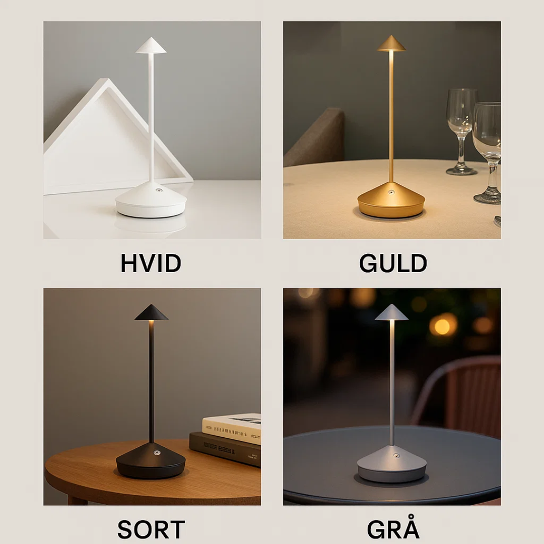 Dæmpbart LED lys fra trådløs bordlampe oplyser et mørkt rum. Viser funktionel belysning.