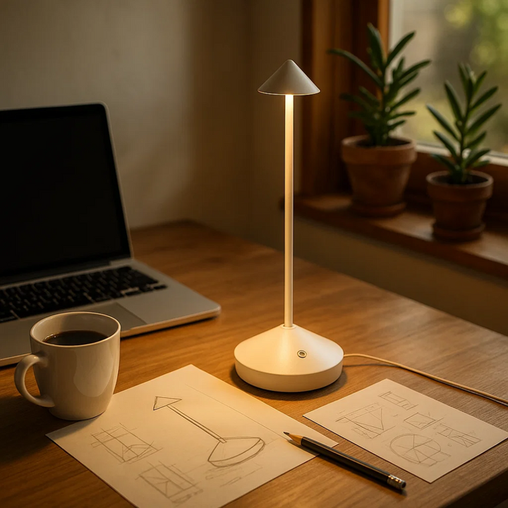 Stilfuld bordlampe med indbygget dæmpbar LED. Vandafvisende design til både indendørs og udendørs brug.