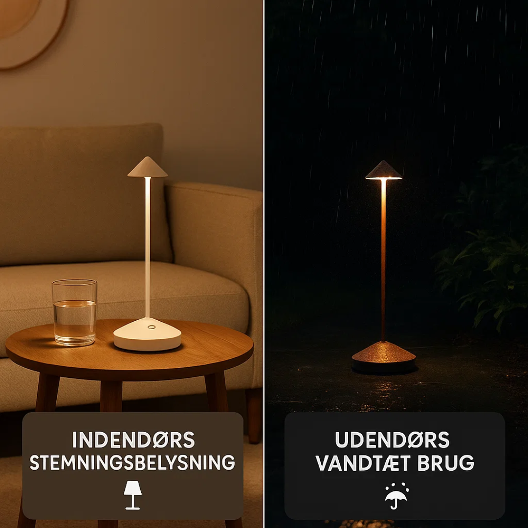 Vandtæt LED bordlampe på udendørs spisebord. Skaber hygge på terrassen om aftenen.