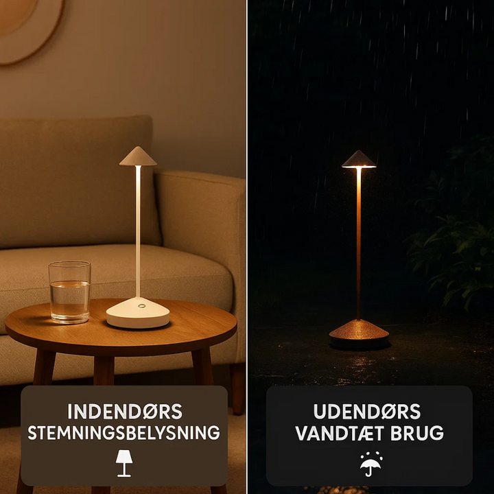 Vandtæt LED bordlampe på udendørs spisebord. Skaber hygge på terrassen om aftenen.