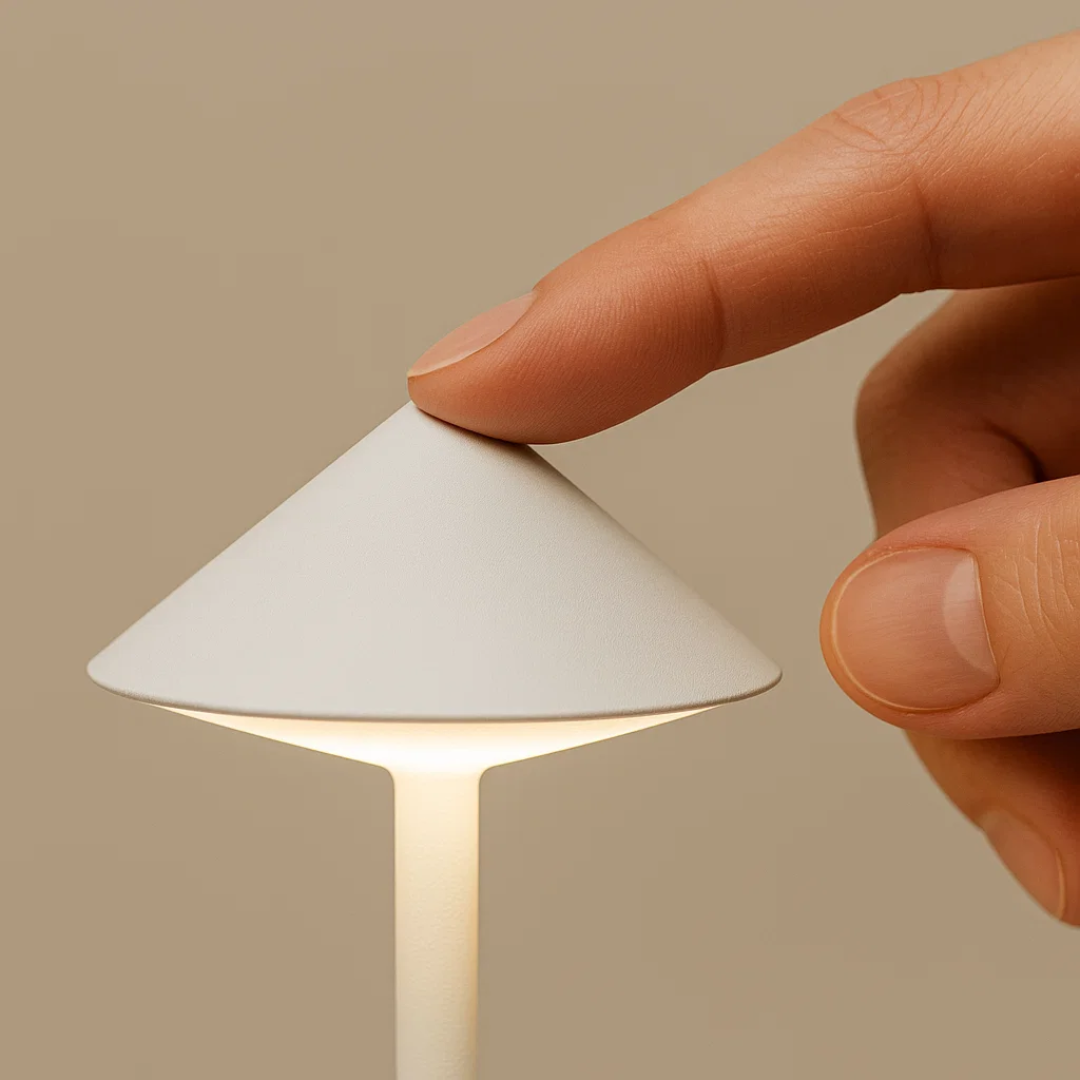 Genopladelig bordlampe i soveværelset, brugt som natlampe. Dæmpbart lys for rolig stemning.