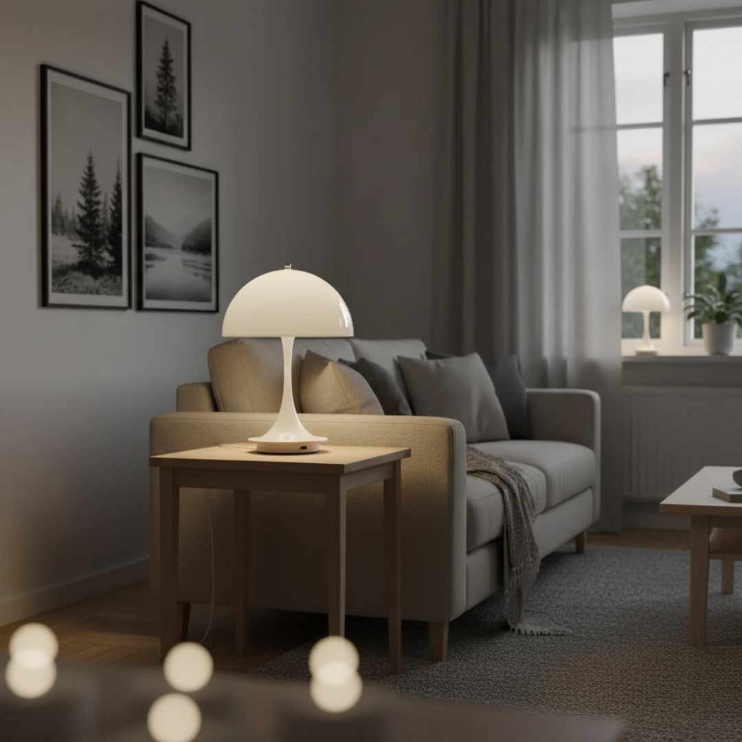Dekorativ trådløs bordlampe med LED. Genopladelig løsning for fleksibel og moderne boligindretning.