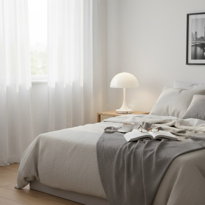 Moderne genopladelig bordlampe med trådløs LED. Perfekt til stemningsbelysning og boligindretning.