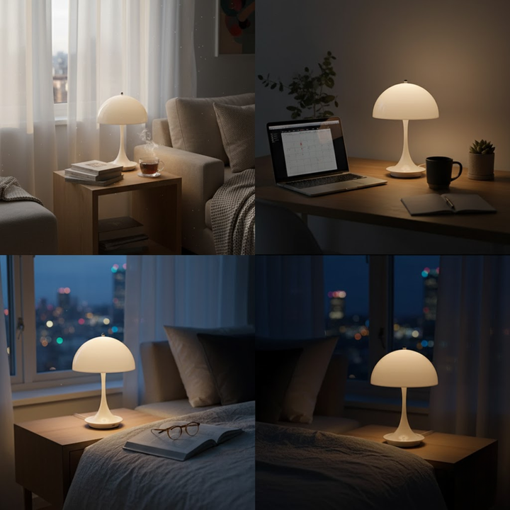 Stilren trådløs bordlampe, genopladelig LED. Perfekt til boligindretning og hyggelig stemningsbelysning.