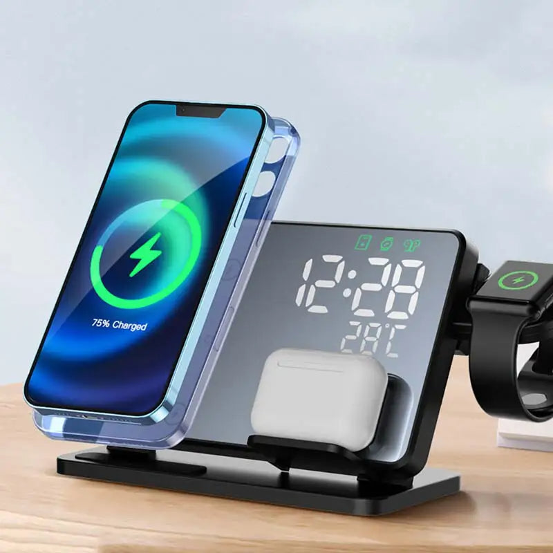 Elegant 3-i-1 hurtigopladningsstation med vækkeur, ideel til trådløs opladning af iPhone, Apple Watch & AirPods.
