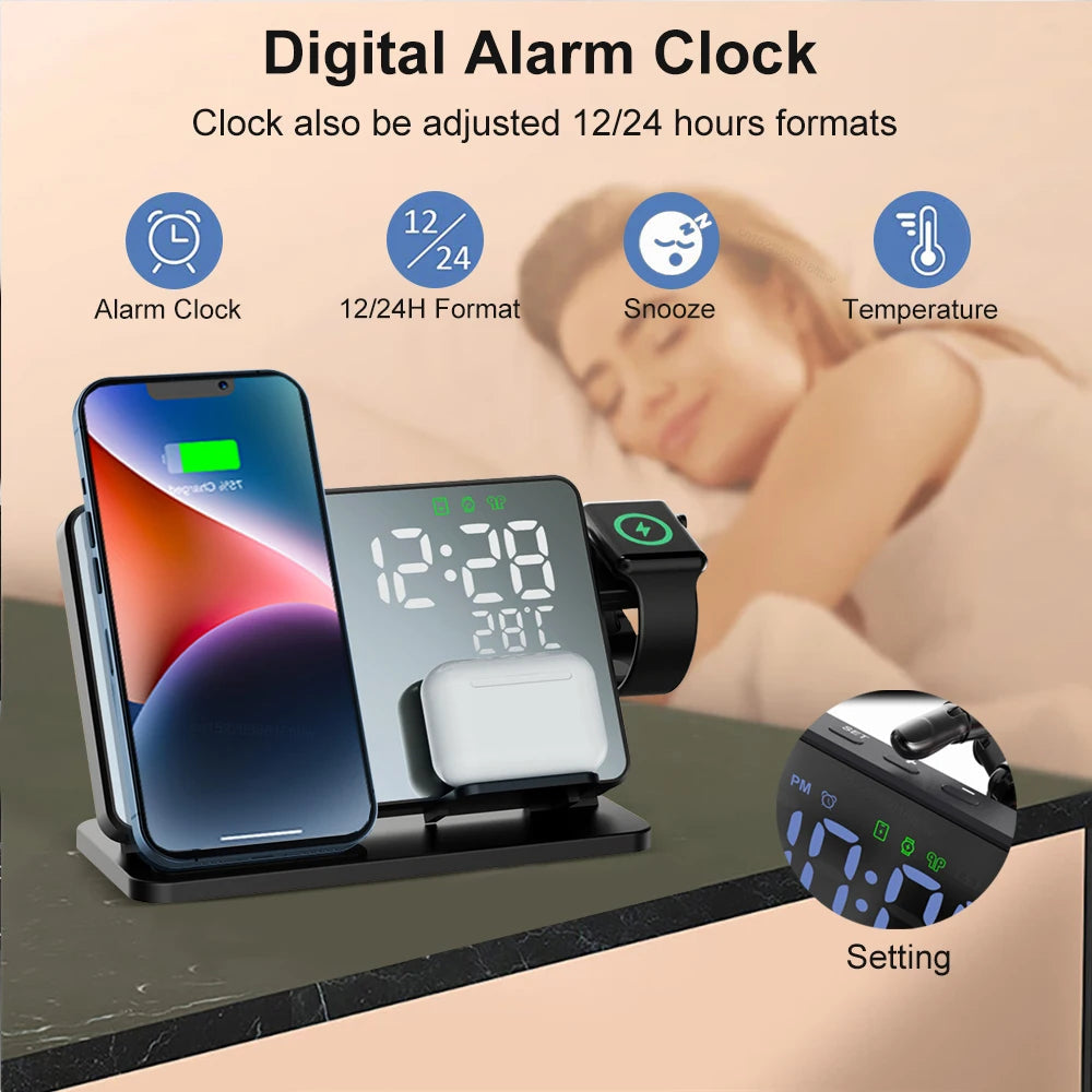 Elegant 3-i-1 hurtigopladningsstation med vækkeur, ideel til trådløs opladning af iPhone, Apple Watch & AirPods.