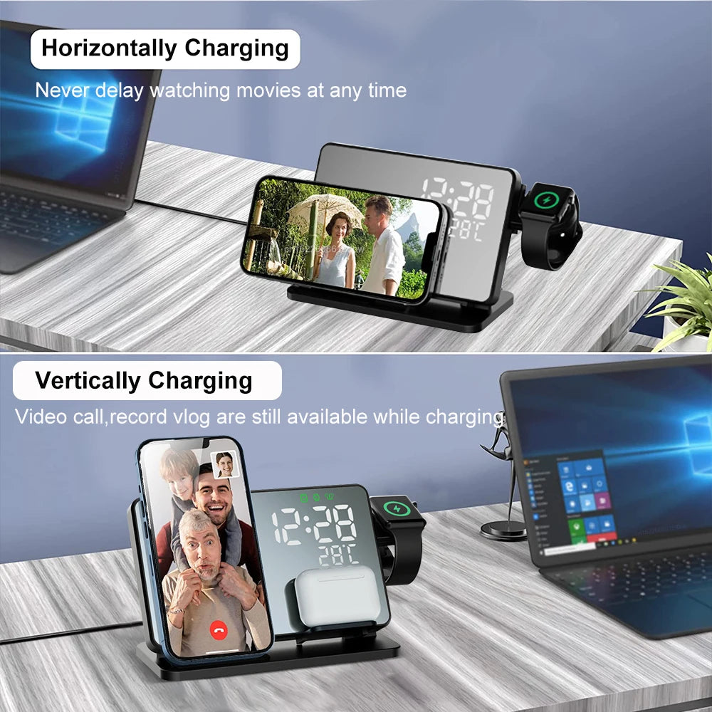 Elegant 3-i-1 hurtigopladningsstation med vækkeur, ideel til trådløs opladning af iPhone, Apple Watch & AirPods.