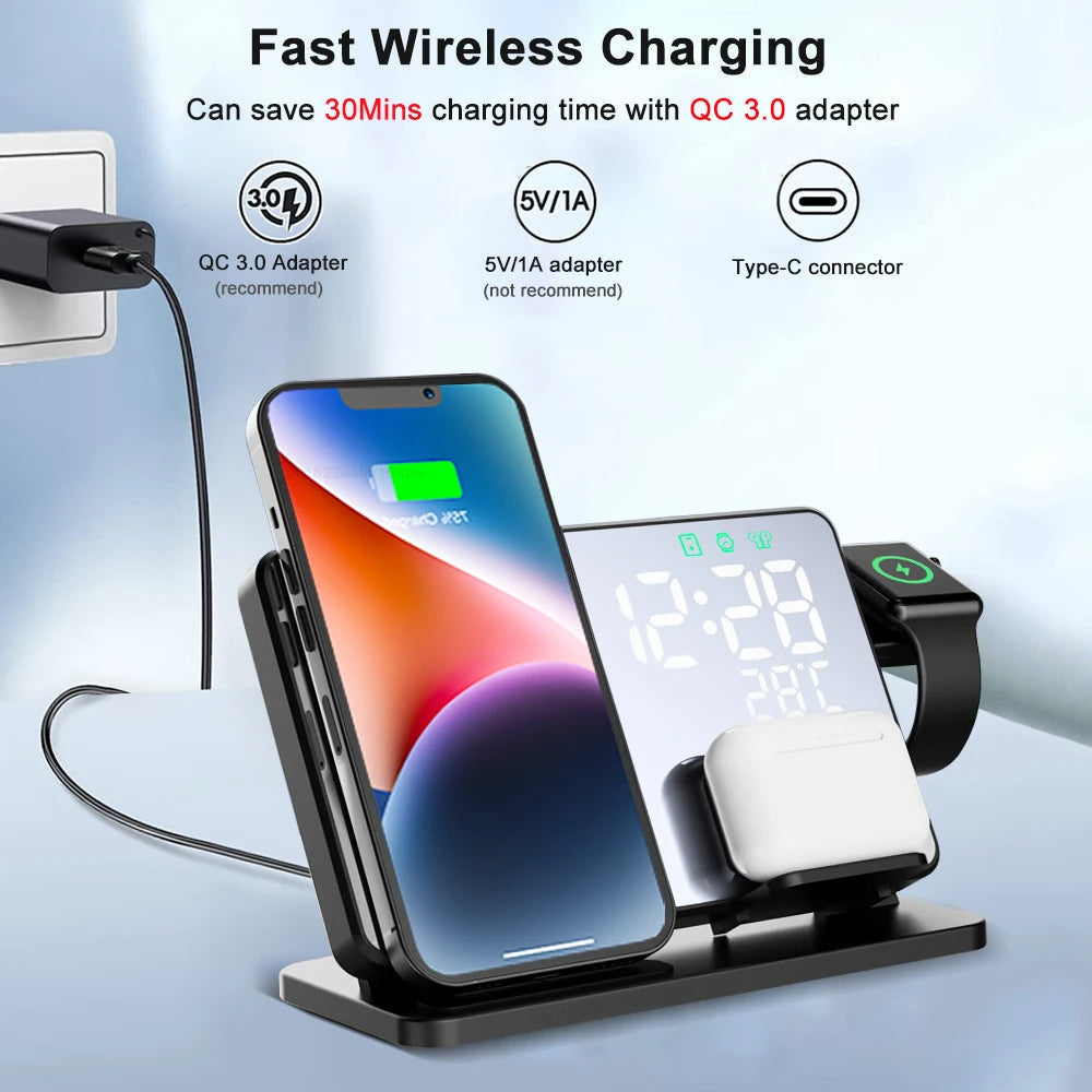 Elegant 3-i-1 hurtigopladningsstation med vækkeur, ideel til trådløs opladning af iPhone, Apple Watch & AirPods.