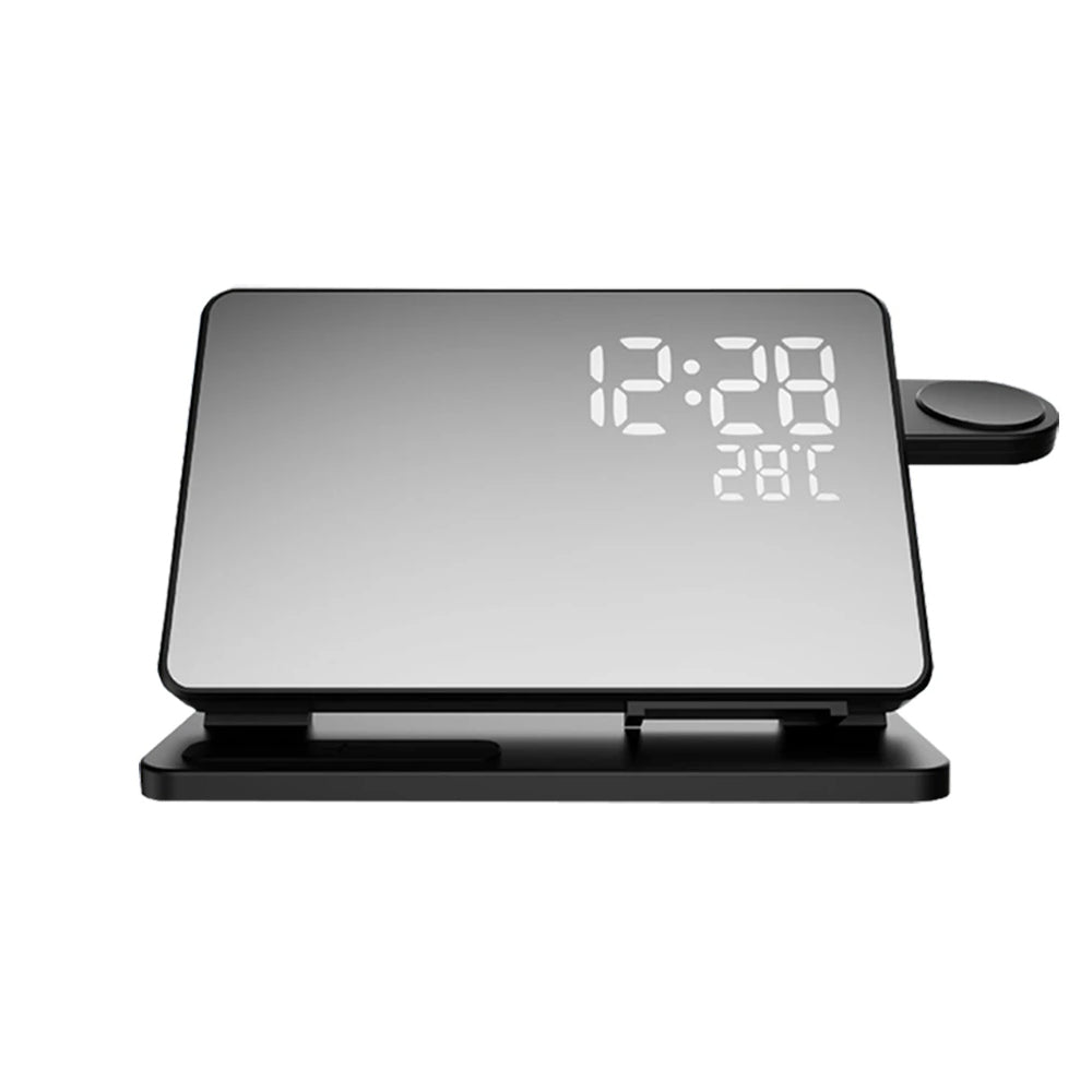 Elegant 3-i-1 hurtigopladningsstation med vækkeur, ideel til trådløs opladning af iPhone, Apple Watch & AirPods.