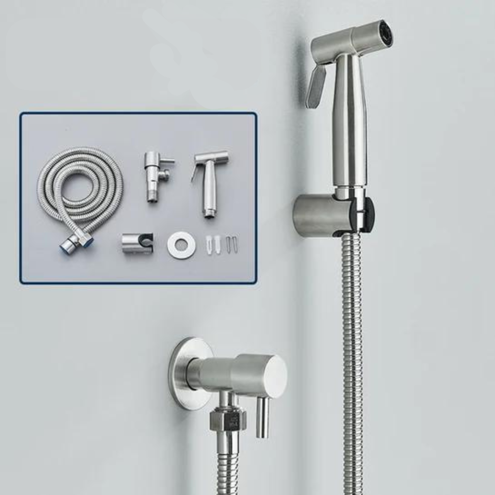 Elegant bidet håndbruser i rustfrit stål med fleksibel slange, ideel til komfort og hygiejne på badeværelset, grå-sort.