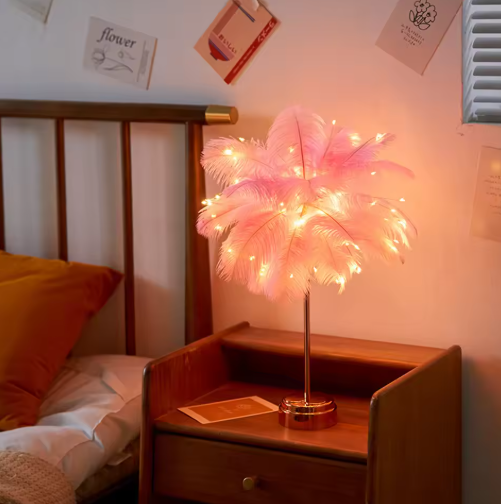 Elegant fjerlampe med bløde fjer og varmt lys, ideel til stue eller soveværelse, USB-opladelig.