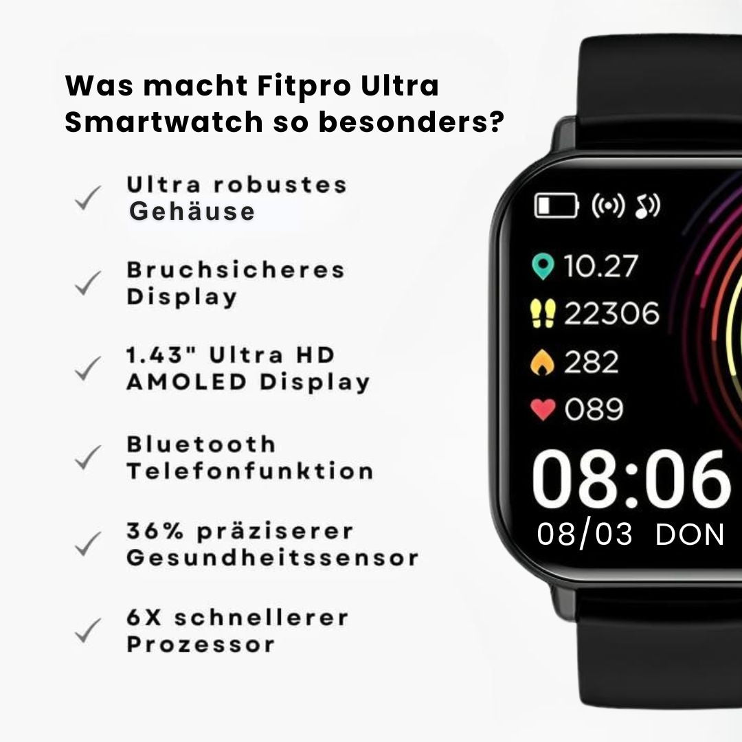 Elegant FitPro Ultra Smartwatch, vandtæt, alsidig skærm, sundheds- og fitnesssporing, moderne design.