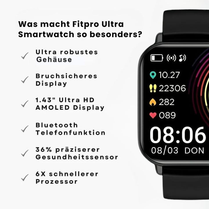 Elegant FitPro Ultra Smartwatch, vandtæt, alsidig skærm, sundheds- og fitnesssporing, moderne design.