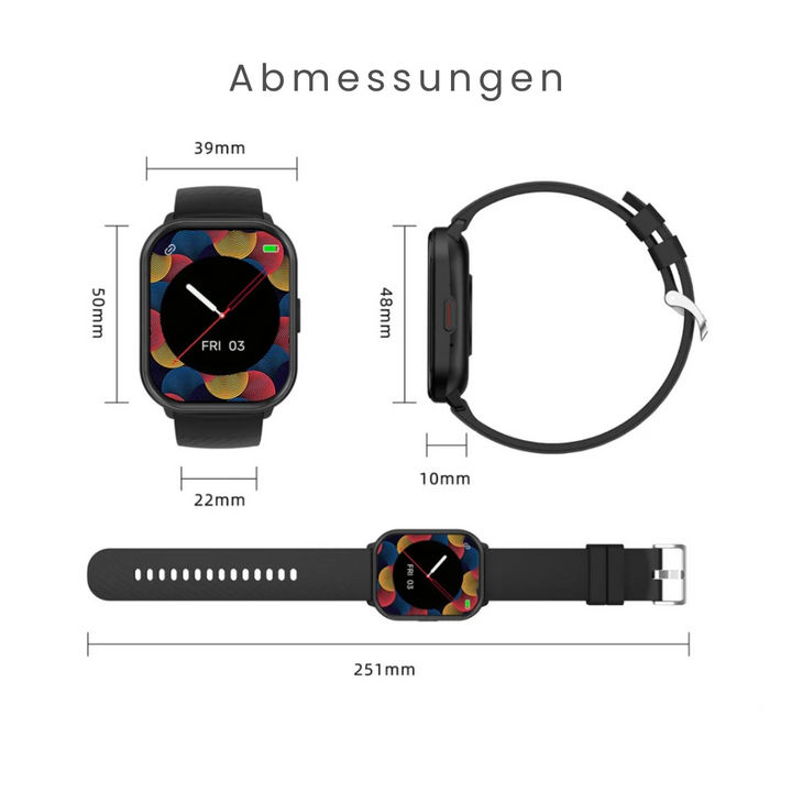 Elegant FitPro Ultra Smartwatch, vandtæt, alsidig skærm, sundheds- og fitnesssporing, moderne design.