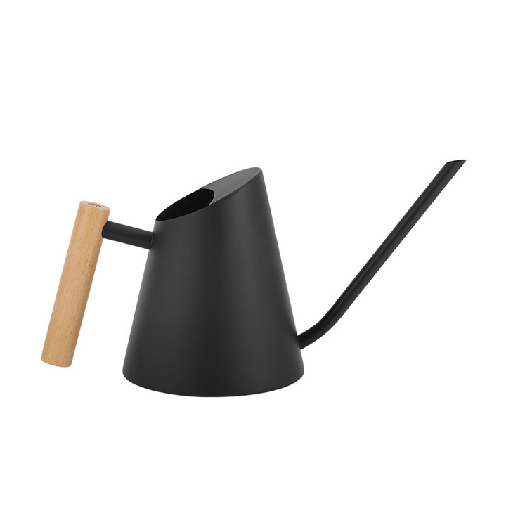 Elegant vandkande med ergonomisk træhåndtag, ideel til stilfuld vanding i haven. Mat sort, holdbar, 900 ml kapacitet.