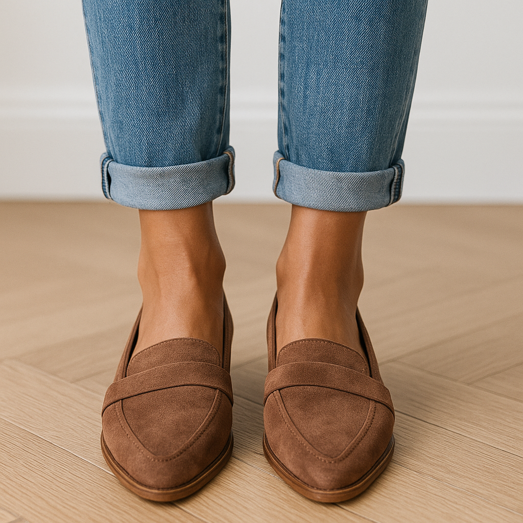 Klassiske brune flade loafers til kvinder. Komfortable hverdagssko med lav hæl for et elegant look.
