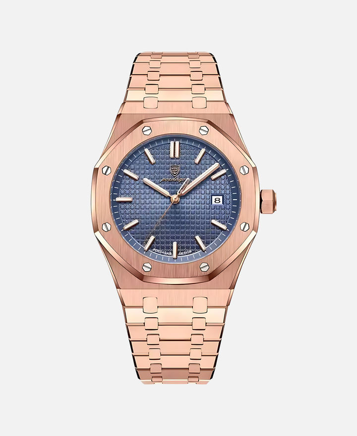 Elegant herrearmbåndsur, 41 mm rustfrit stål, tidløst design, minimalistisk urskive, ridsefast og vandtæt.