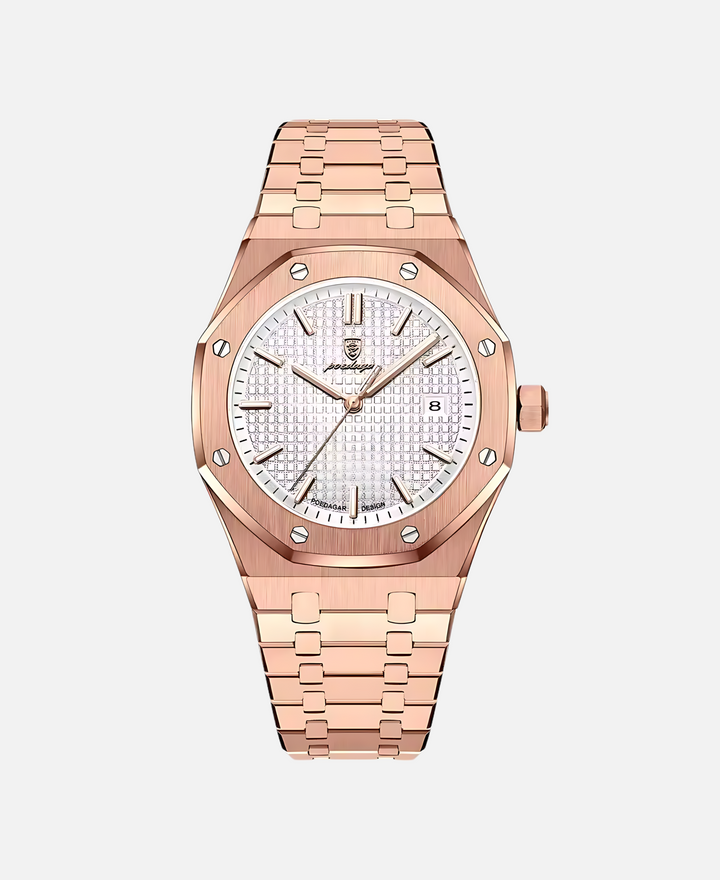 Elegant herrearmbåndsur, 41 mm rustfrit stål, tidløst design, minimalistisk urskive, ridsefast og vandtæt.