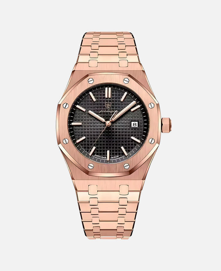 Elegant herrearmbåndsur, 41 mm rustfrit stål, tidløst design, minimalistisk urskive, ridsefast og vandtæt.