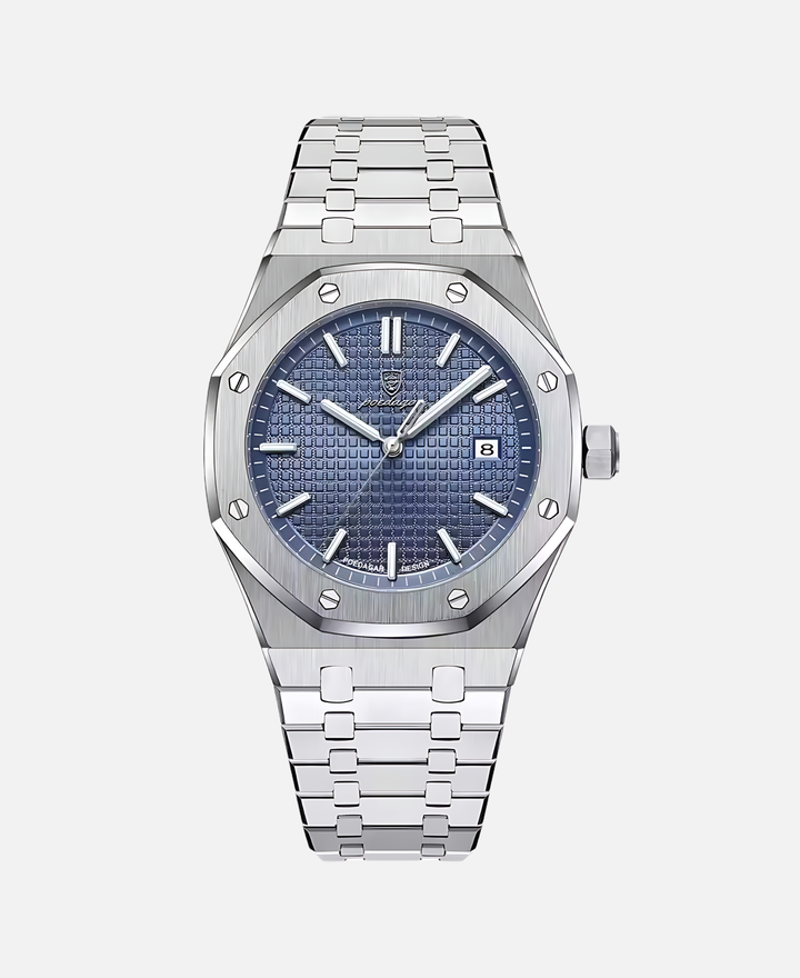 Elegant herrearmbåndsur, 41 mm rustfrit stål, tidløst design, minimalistisk urskive, ridsefast og vandtæt.