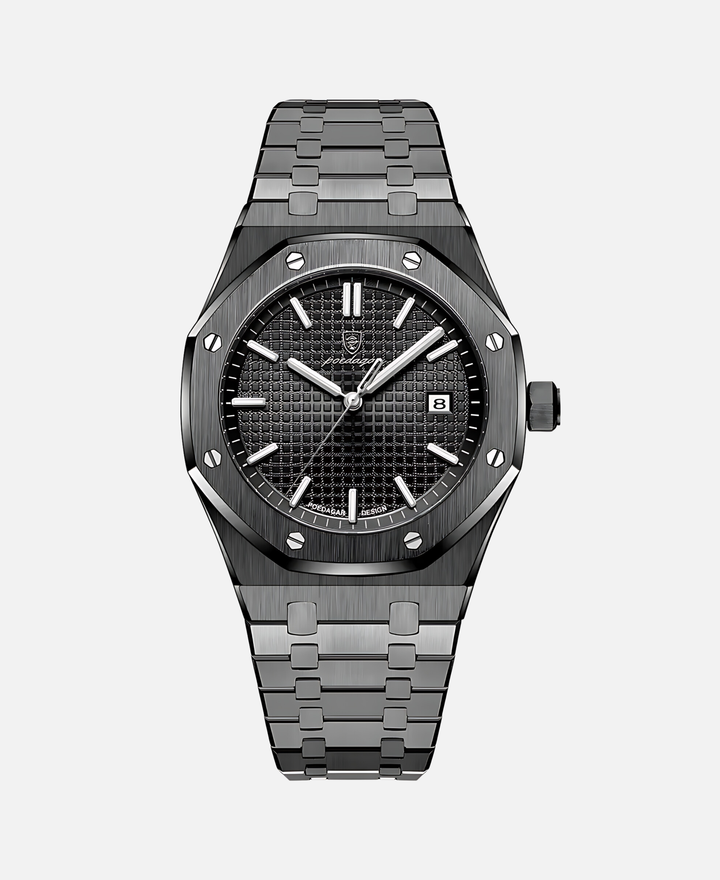 Elegant herrearmbåndsur, 41 mm rustfrit stål, tidløst design, minimalistisk urskive, ridsefast og vandtæt.