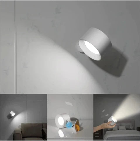 Elegant trådløs væglampe i sort set fra siden, med dæmpbart LED-lys og 360° drejelig funktion for fleksibel positionering.