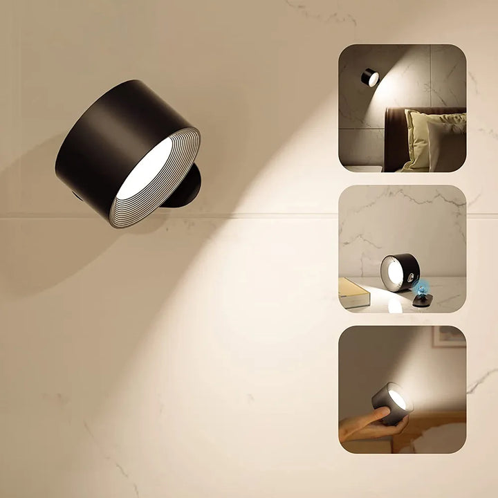 Elegant trådløs væglampe i sort set fra siden, med dæmpbart LED-lys og 360° drejelig funktion for fleksibel positionering.