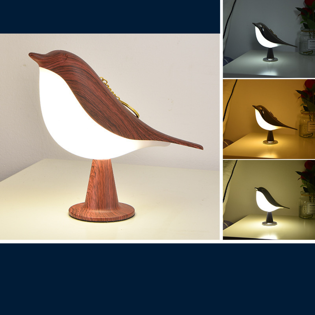 Elegant LED fuglelampe i hvid, trådløs med tre lysniveauer, moderne design, perfekt belysning til stuer