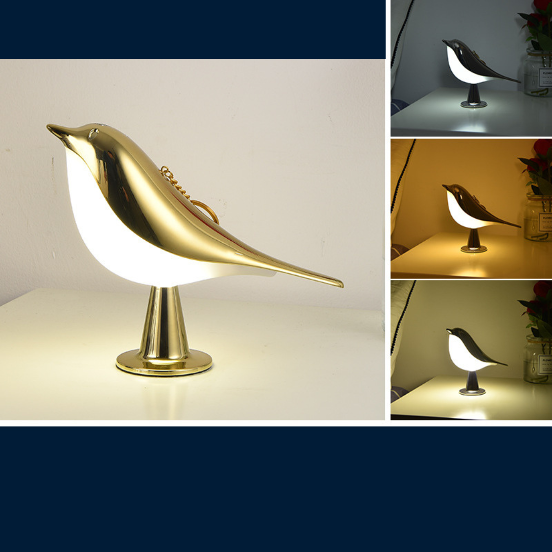 Elegant LED fuglelampe i hvid, trådløs med tre lysniveauer, moderne design, perfekt belysning til stuer