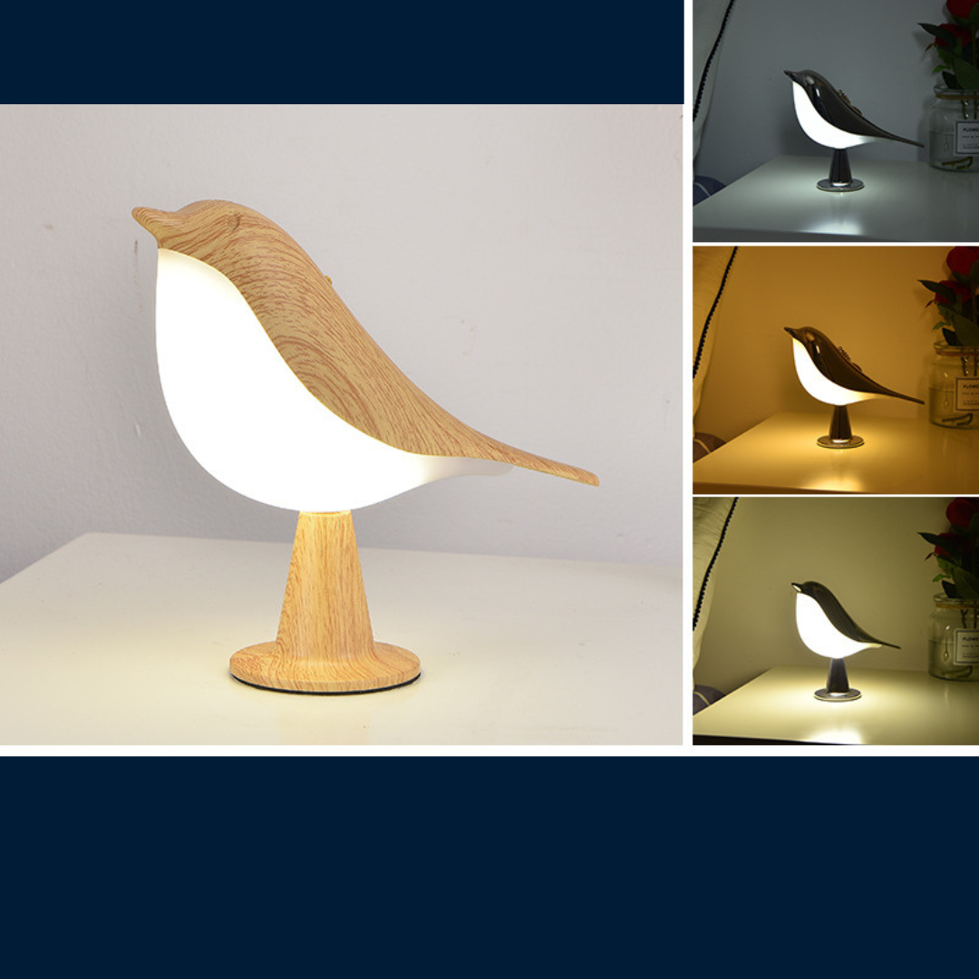 Elegant LED fuglelampe i hvid, trådløs med tre lysniveauer, moderne design, perfekt belysning til stuer