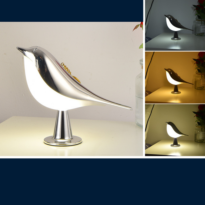 Elegant LED fuglelampe i hvid, trådløs med tre lysniveauer, moderne design, perfekt belysning til stuer