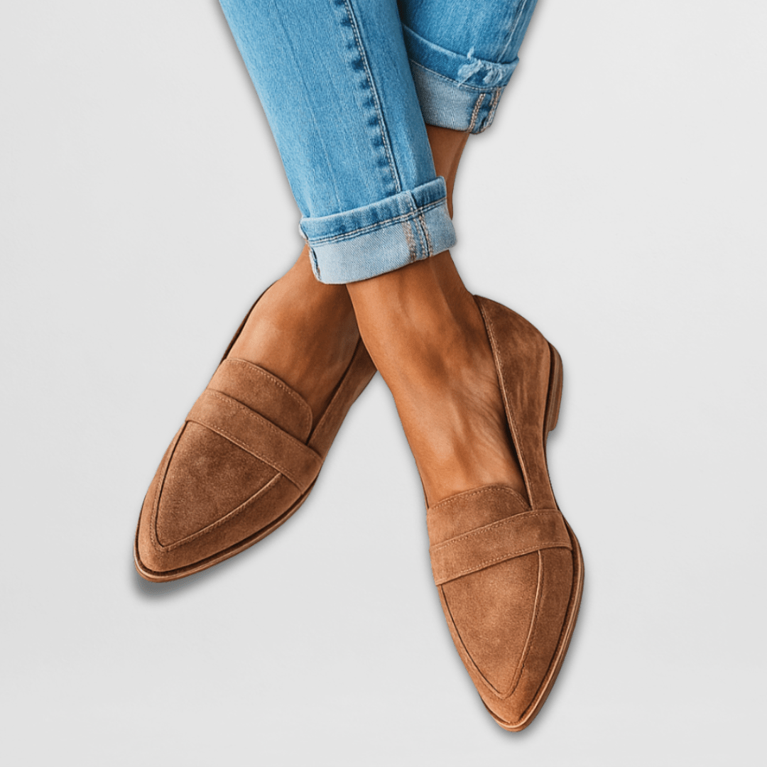 Elegante ortopædiske spidse loafers til kvinder i sort. Komfortable slip-on hverdagssko med støtte.