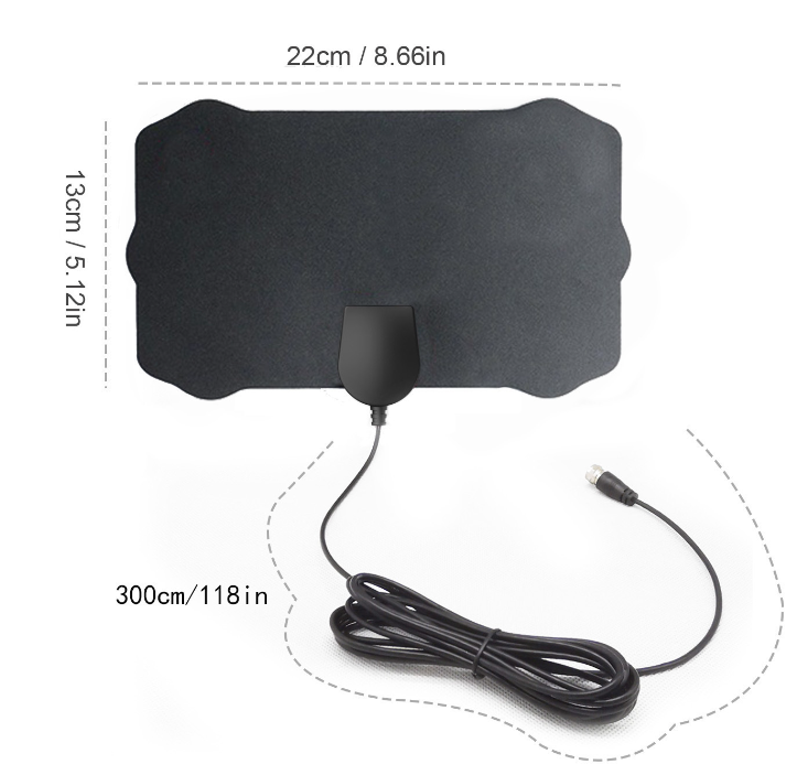 Elegant sort HDTV indendørs antenne, kompakt og diskret, til 4K-modtagelse uden kabelrod, ideel til ethvert fjernsyn.
