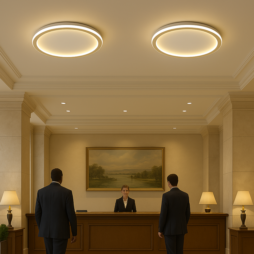 Elegant skandinavisk LED-loftslampe, dæmpbar, rund, i moderne spisestue, varmt hvidt lys, 40 cm diameter.