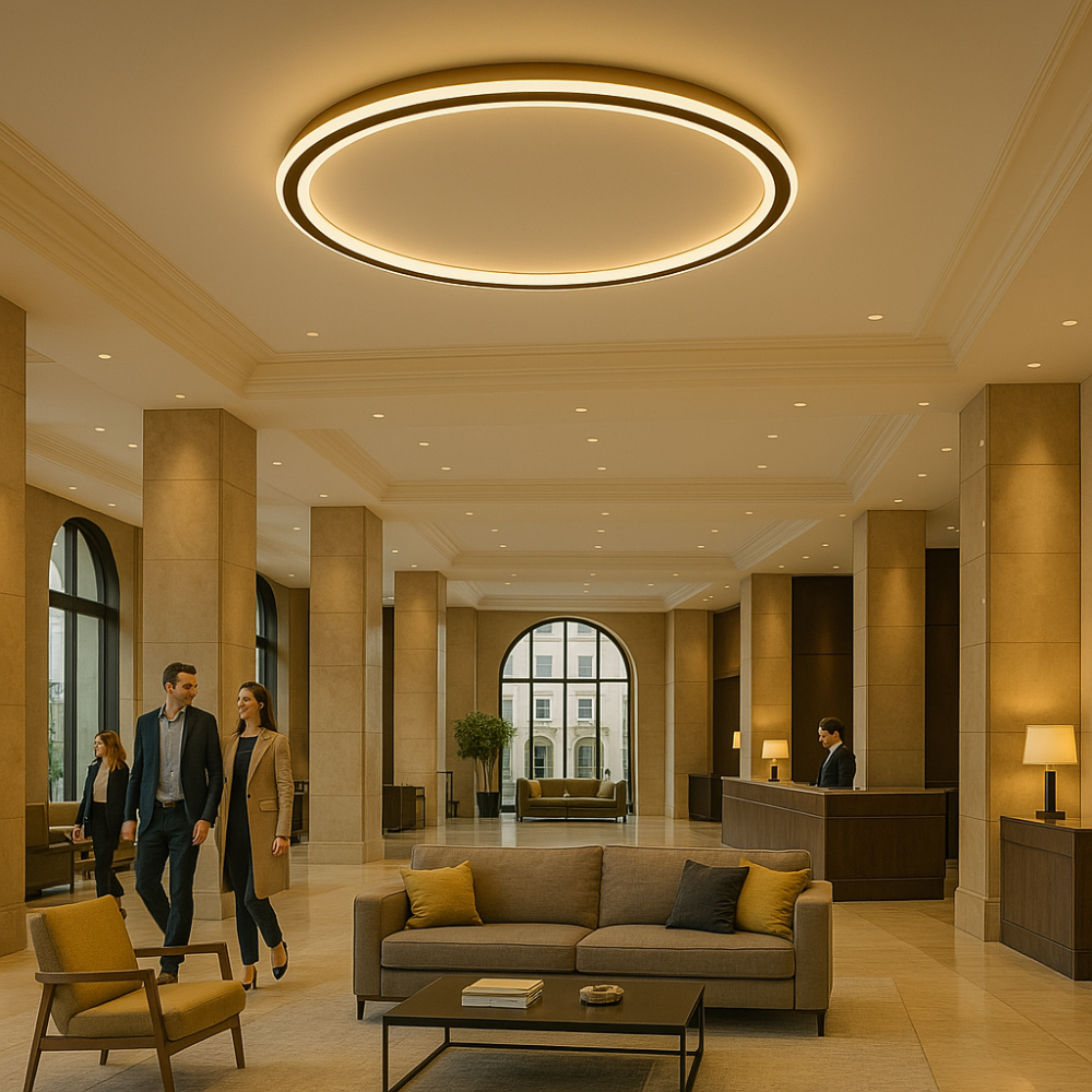 Elegant skandinavisk LED-loftslampe, dæmpbar, rund, i moderne spisestue, varmt hvidt lys, 40 cm diameter.