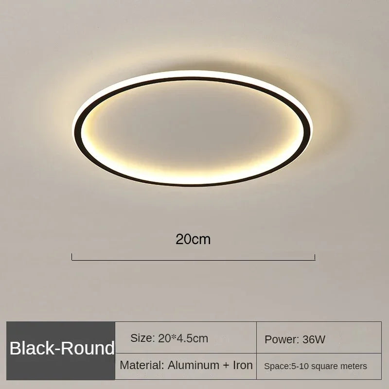 Elegant skandinavisk LED-loftslampe, dæmpbar, rund, i moderne spisestue, varmt hvidt lys, 40 cm diameter.