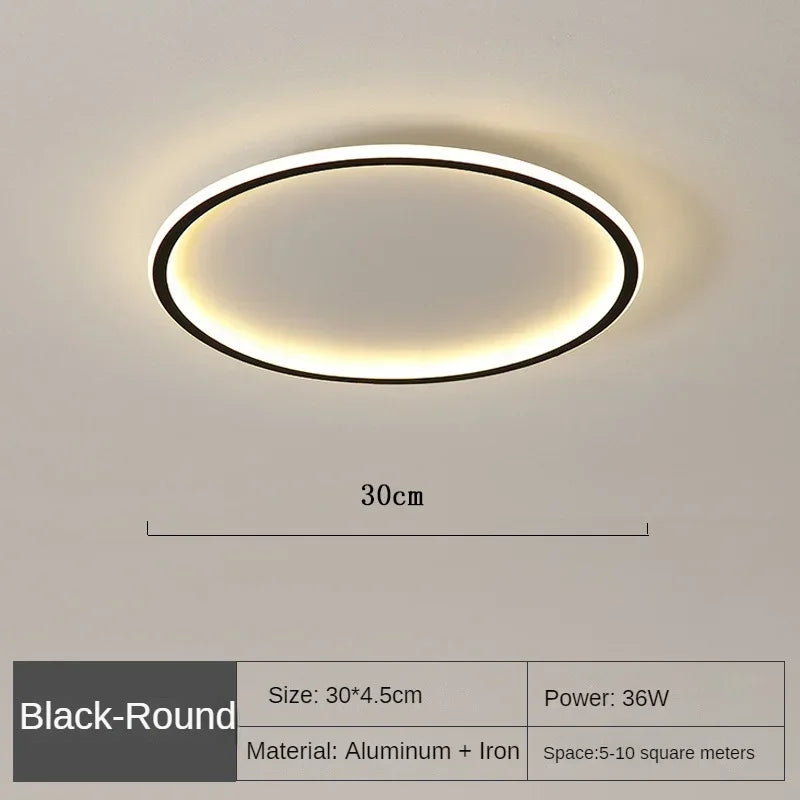 Elegant skandinavisk LED-loftslampe, dæmpbar, rund, i moderne spisestue, varmt hvidt lys, 40 cm diameter.