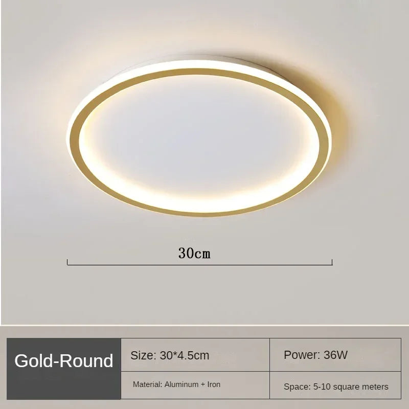 Elegant skandinavisk LED-loftslampe, dæmpbar, rund, i moderne spisestue, varmt hvidt lys, 40 cm diameter.