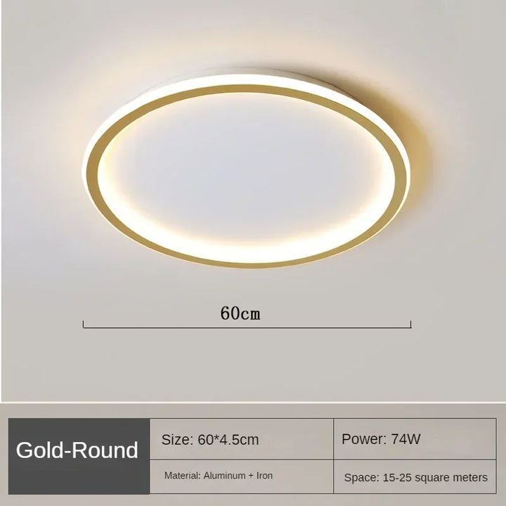 Elegant skandinavisk LED-loftslampe, dæmpbar, rund, i moderne spisestue, varmt hvidt lys, 40 cm diameter.