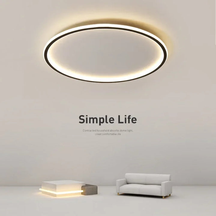 Elegante skandinavische LED-Deckenleuchte, dimmbar, rund, in modernem Esszimmer, warmweißes Licht, 40 cm Durchmesser.