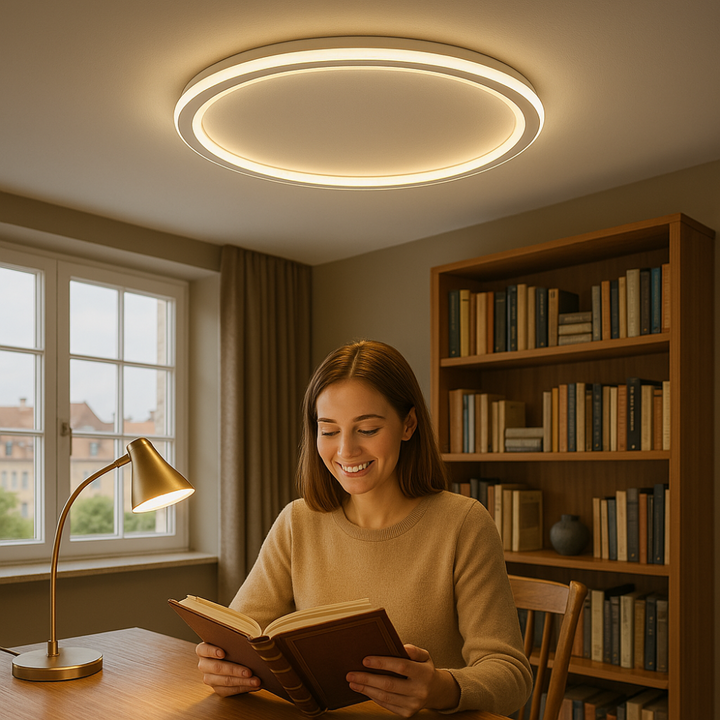 Elegante skandinavische LED-Deckenleuchte, dimmbar, rund, in modernem Esszimmer, warmweißes Licht, 40 cm Durchmesser.