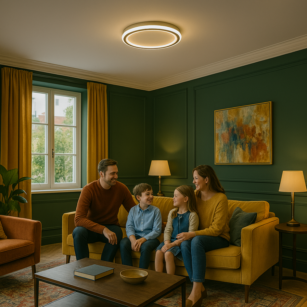 Elegante skandinavische LED-Deckenleuchte, dimmbar, rund, in modernem Esszimmer, warmweißes Licht, 40 cm Durchmesser.
