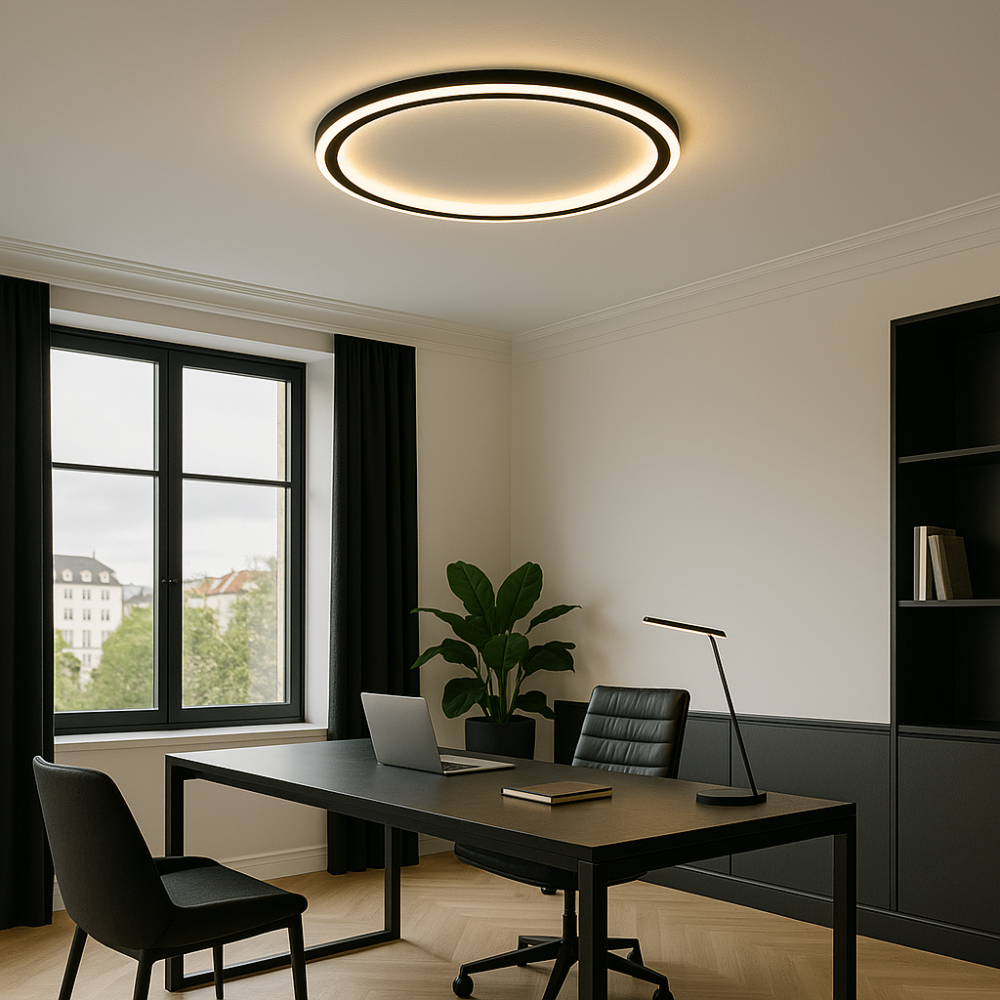 Elegante skandinavische LED-Deckenleuchte, dimmbar, rund, in modernem Esszimmer, warmweißes Licht, 40 cm Durchmesser.
